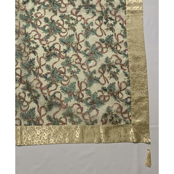Elegant Holiday Tablecloth 51" X 51" Sheer Gold Border Tassels Holly Christmas - Picture 3 of 11